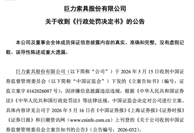 巨力索具，被罚450万元