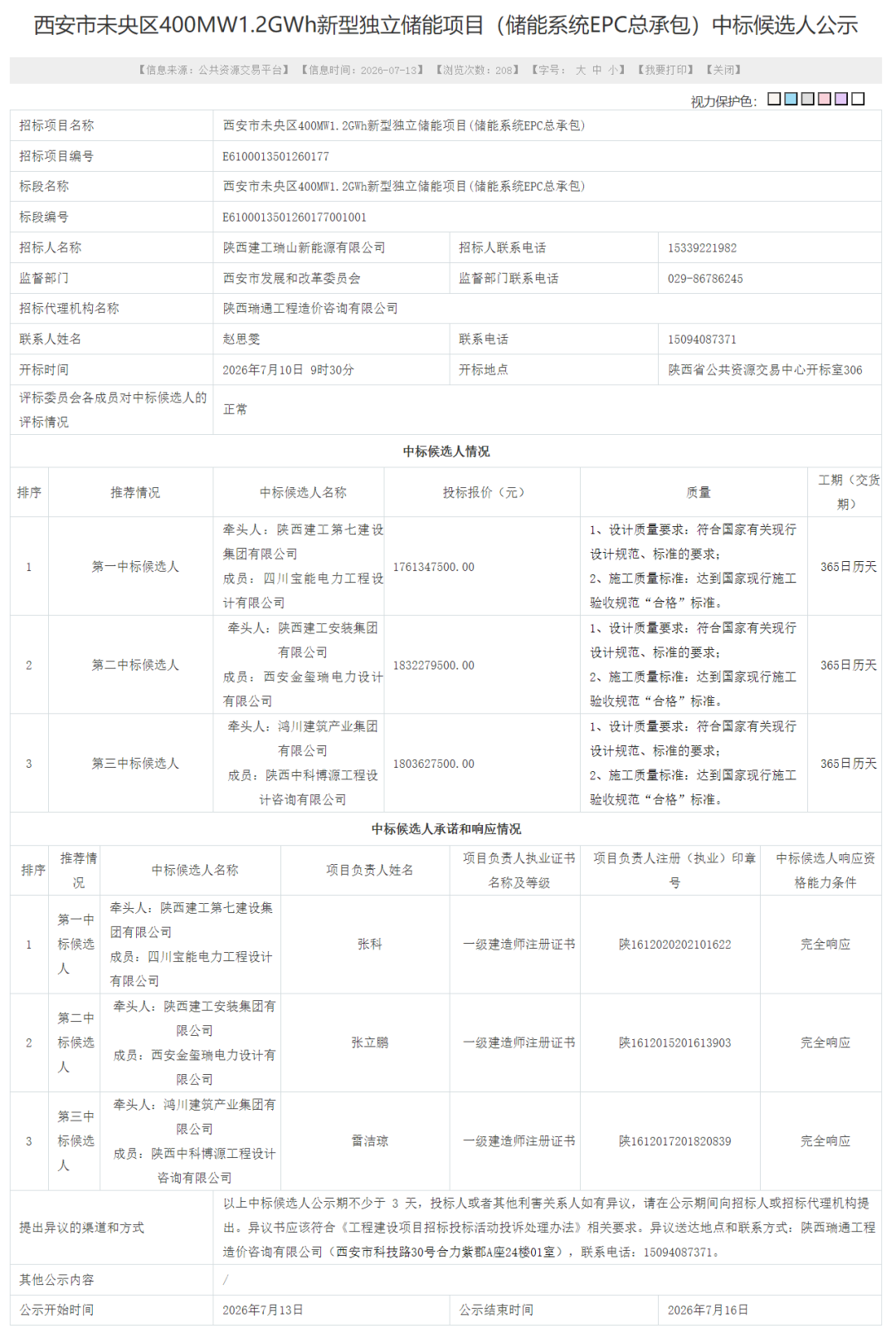 1.47元/Wh!陕建宝能预中标陕西1.2GWh独立储能EPC